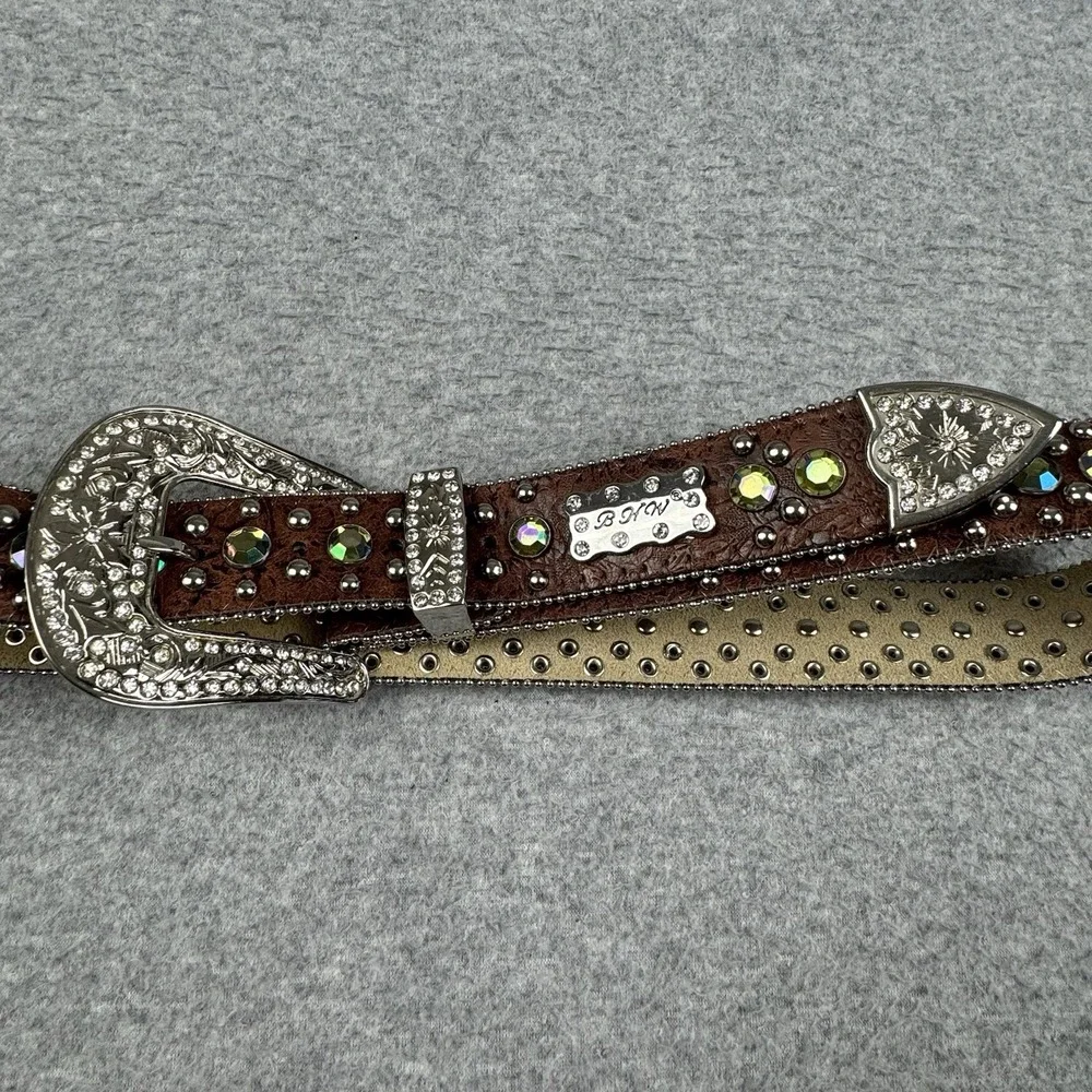 BHW Brown Leather Western Belt Womens Large Studded Iridescent Rhinestones Bling